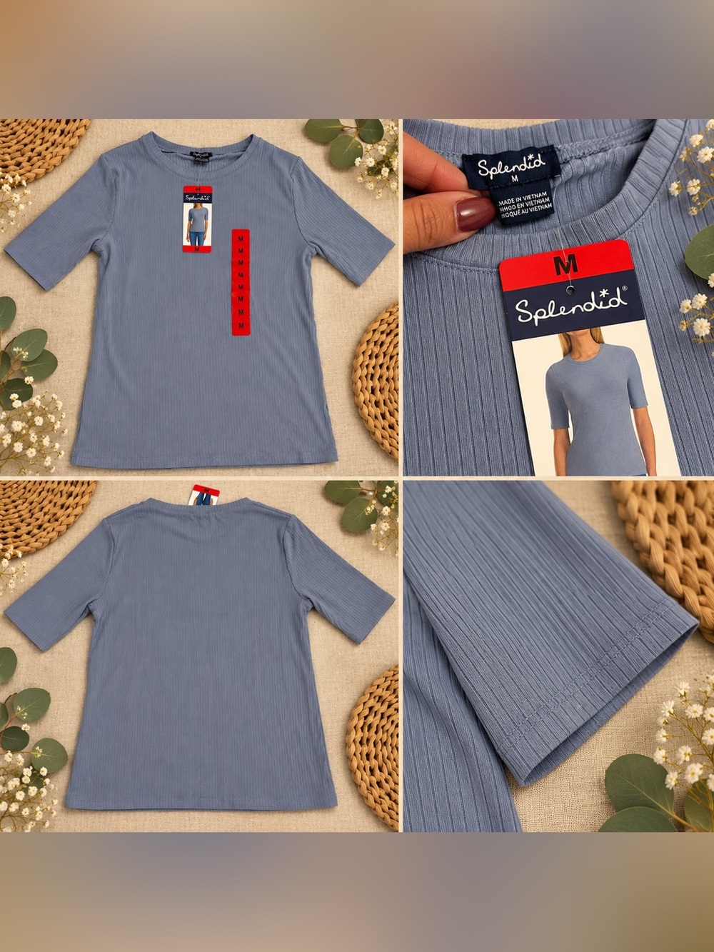 Splendid Ribbed Short Sleeve Crew Neck Top Blue Medium